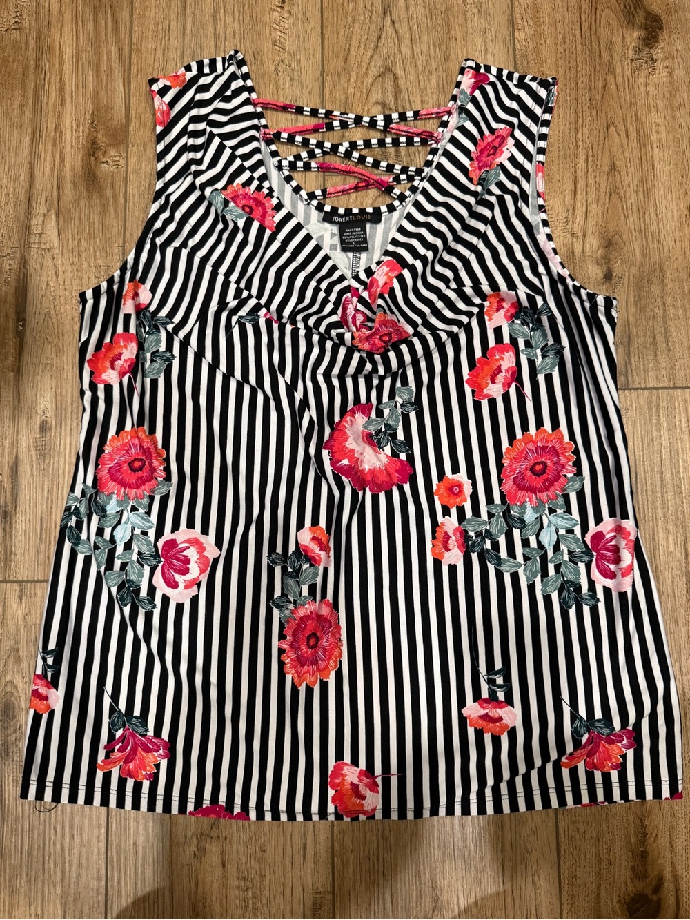 Robert Louis Black & White Striped Tank with Pink Floral Print